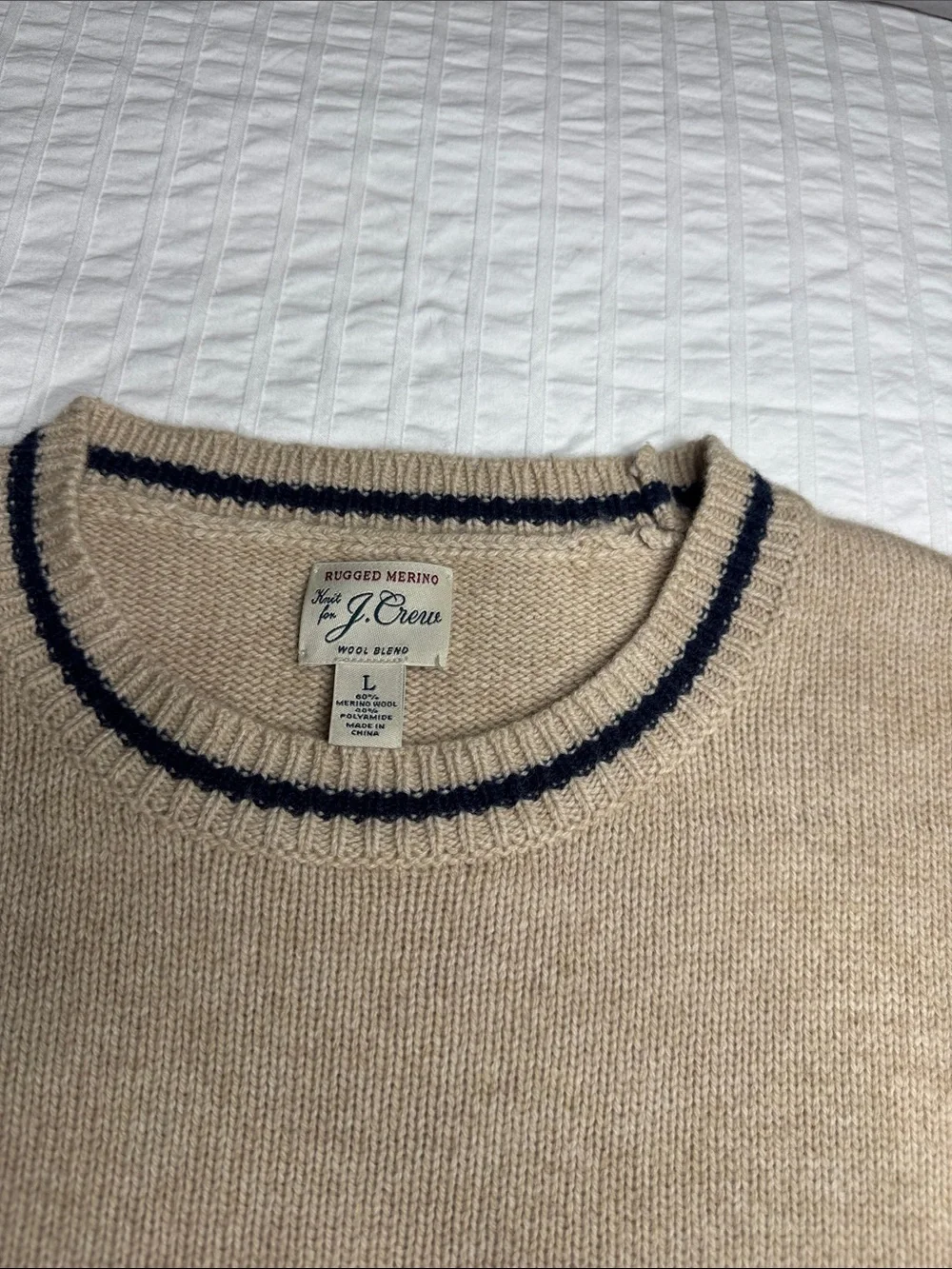 J. Crew Men’s Crewneck Wool Blend Sweater in Beige with Navy Trim - Size L